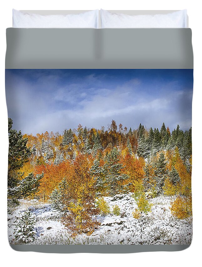 Snow Duvet Cover featuring the photograph Rocky Mountain Autumn Storm by James BO Insogna
