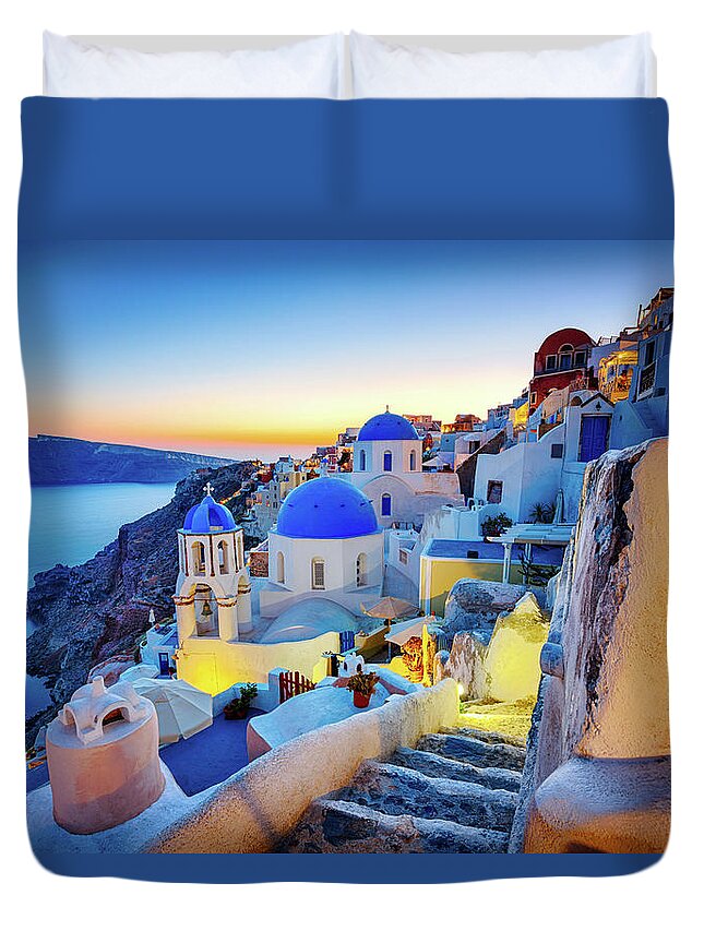 Greek Culture Duvet Cover featuring the photograph Romantic Travel Destination Oia by Mbbirdy