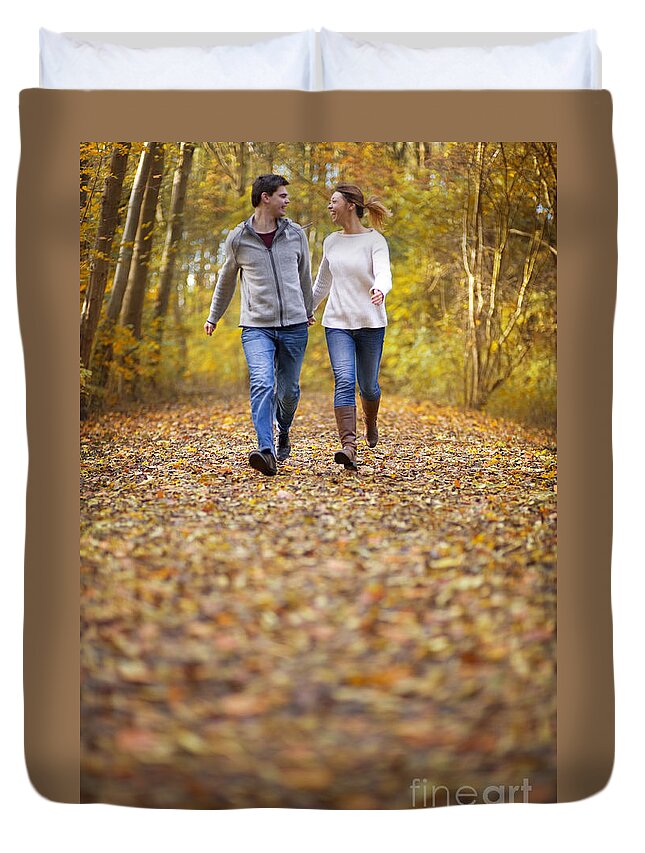 Couple Duvet Cover featuring the photograph Romantic Woodland Walk In Autumn by Lee Avison