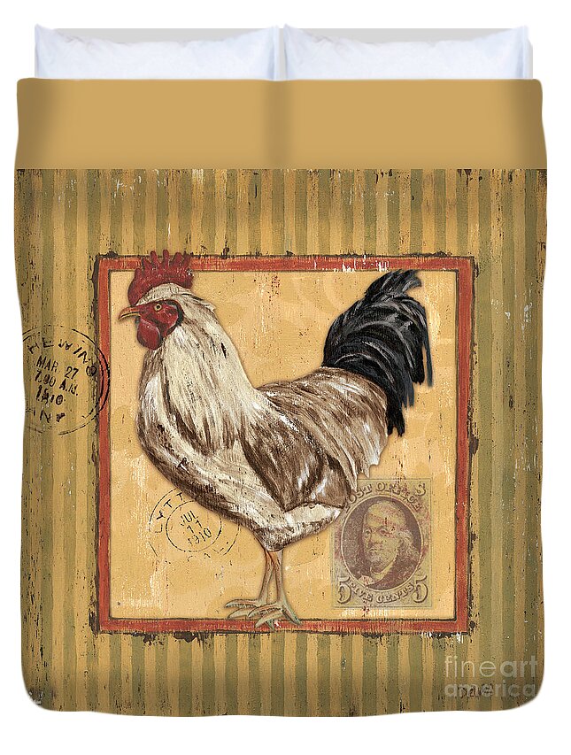 Rooster Duvet Cover featuring the painting Rooster and Stripes by Debbie DeWitt