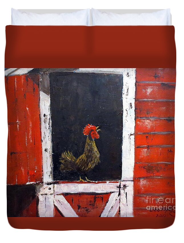 Rooster Painting Duvet Cover featuring the painting Rooster In Window by Lee Piper