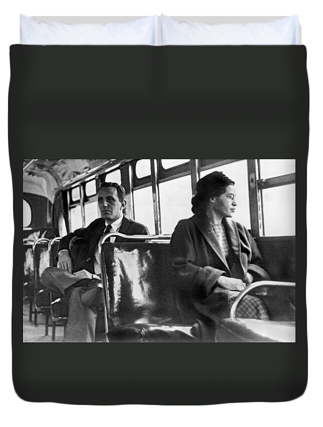 1956 Duvet Cover featuring the photograph Rosa Parks On Bus by Underwood Archives