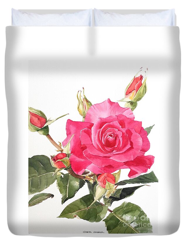Greta Corens Artist Duvet Cover featuring the painting Watercolor Red Rose Margaret by Greta Corens