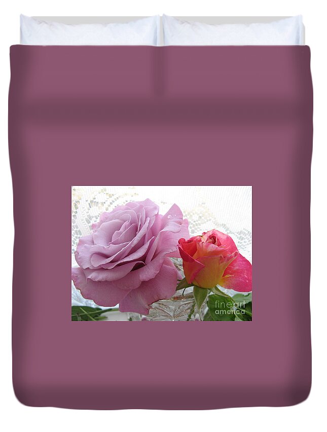 Pink Rose Duvet Cover featuring the photograph Roses and Lace by Mars Besso