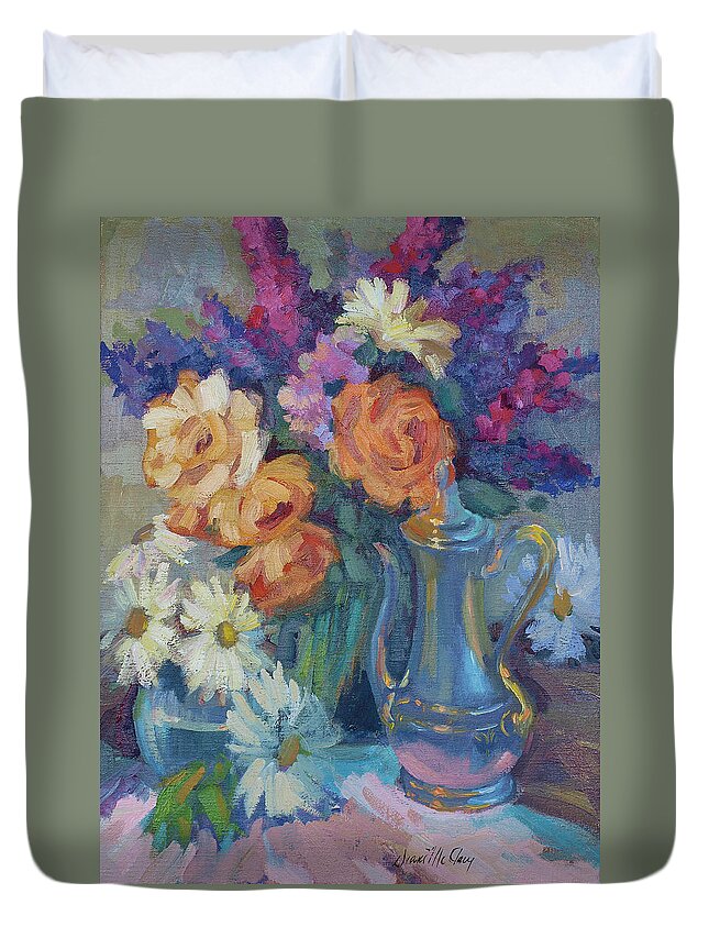 Roses And Silver Duvet Cover featuring the painting Roses and Silver by Diane McClary