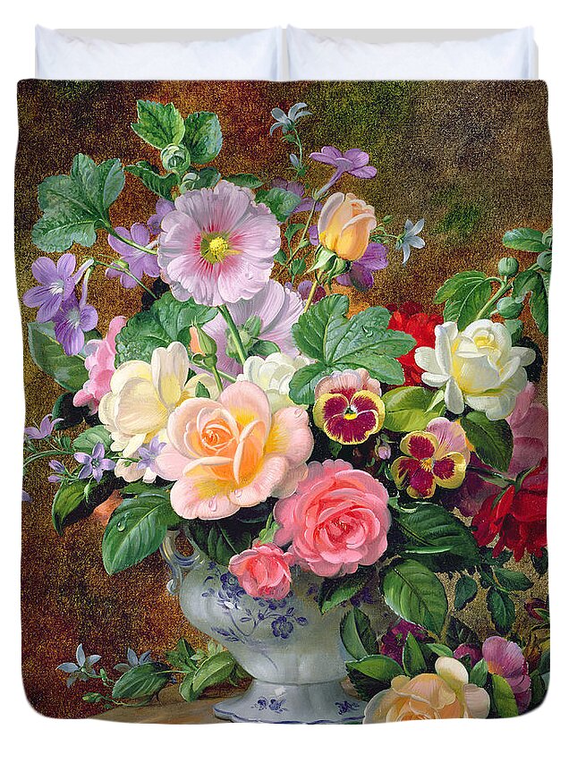 Still-life Duvet Cover featuring the painting Roses pansies and other flowers in a vase by Albert Williams