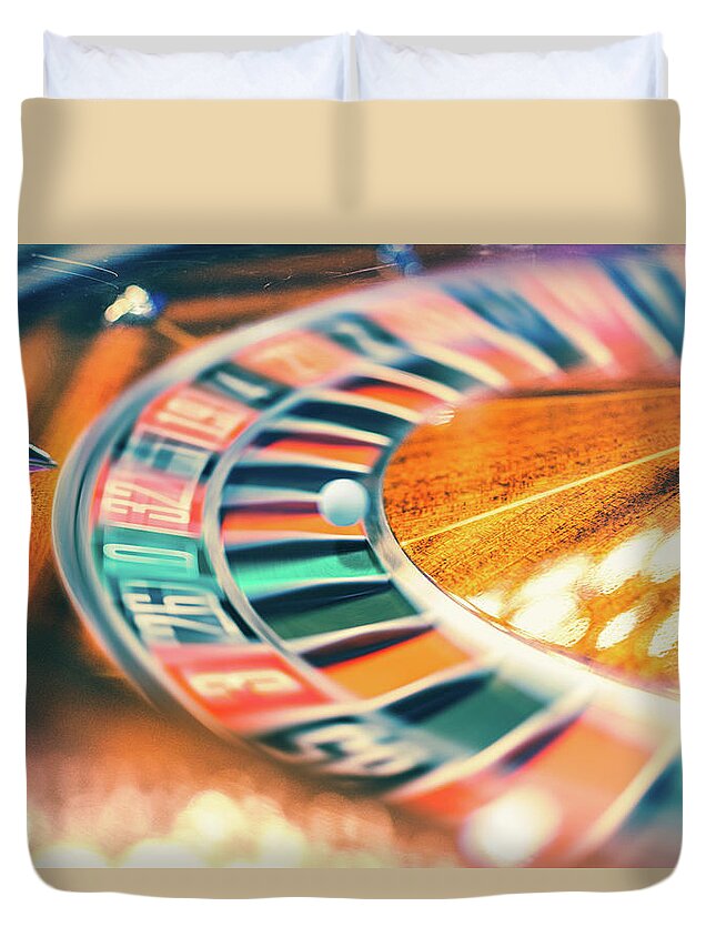 Risk Duvet Cover featuring the photograph Roulette Wheel In Motion by Deimagine