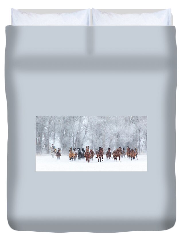 Horse Duvet Cover featuring the photograph Round Up In The Snow by Betty Wiley