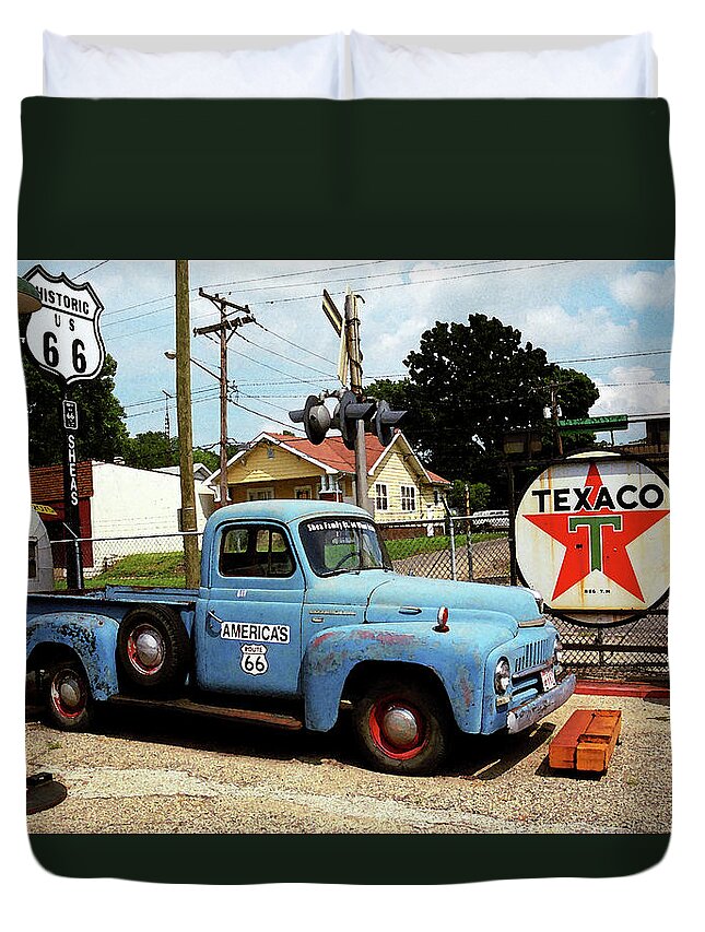 66 Duvet Cover featuring the photograph Route 66 - Gas Station with Watercolor Effect by Frank Romeo