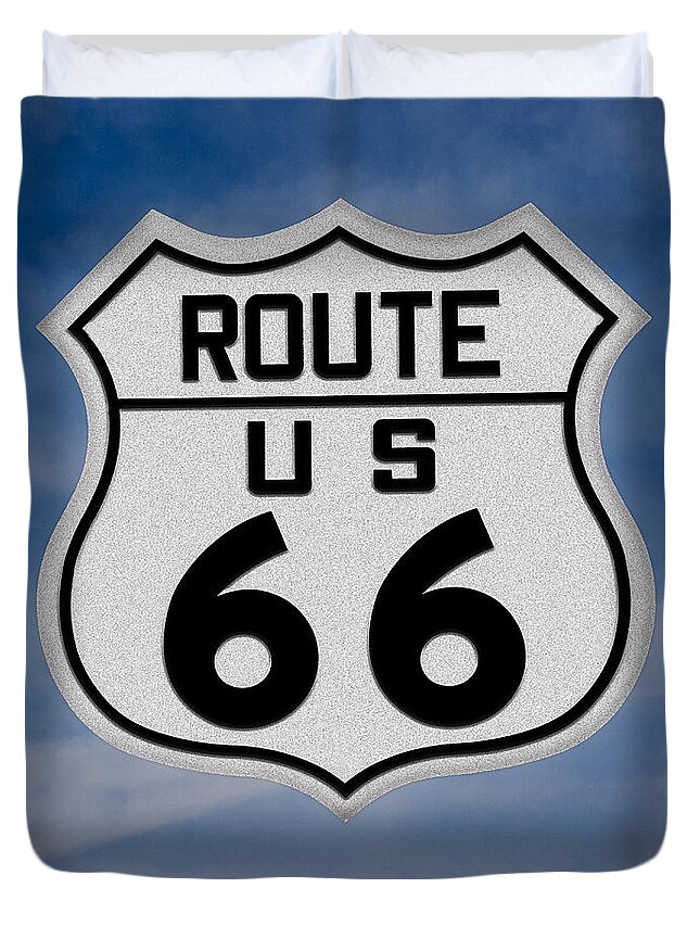 Road Sign Duvet Cover featuring the photograph Route 66 road sign by Gary Warnimont