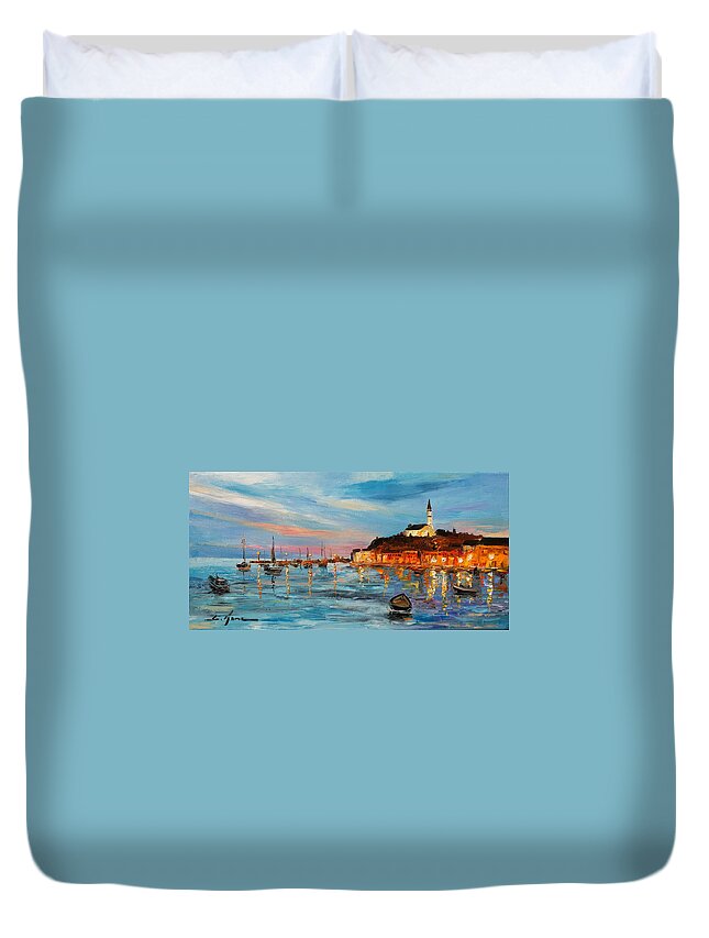 Rovanij Duvet Cover featuring the painting Rovanij harbour by Luke Karcz