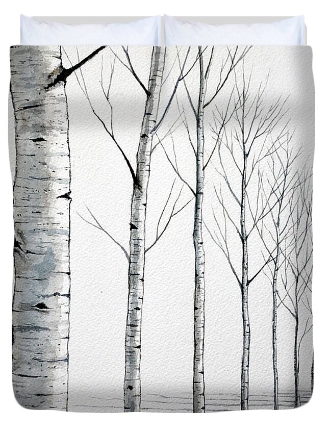 Birch Tree Duvet Cover featuring the painting Row of Birch Trees in the Snow by Christopher Shellhammer