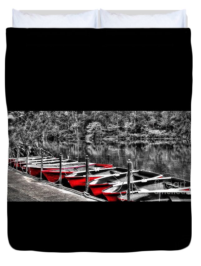 Photography Duvet Cover featuring the photograph Row of Red Rowing Boats by Kaye Menner