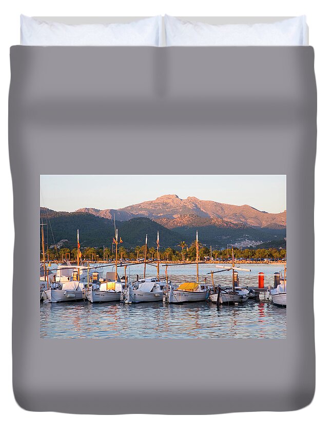 In A Row Duvet Cover featuring the photograph Row Of Traditional Fishing Boats Moored by David C Tomlinson