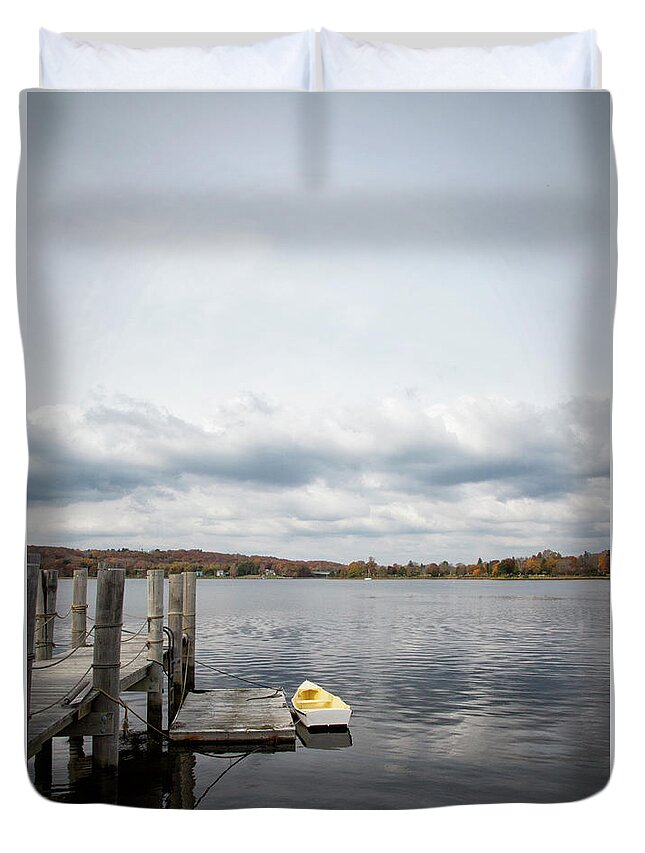 Mystic Duvet Cover featuring the photograph Rowboat And Pier, Mystic Harbour by Elisabeth Pollaert Smith