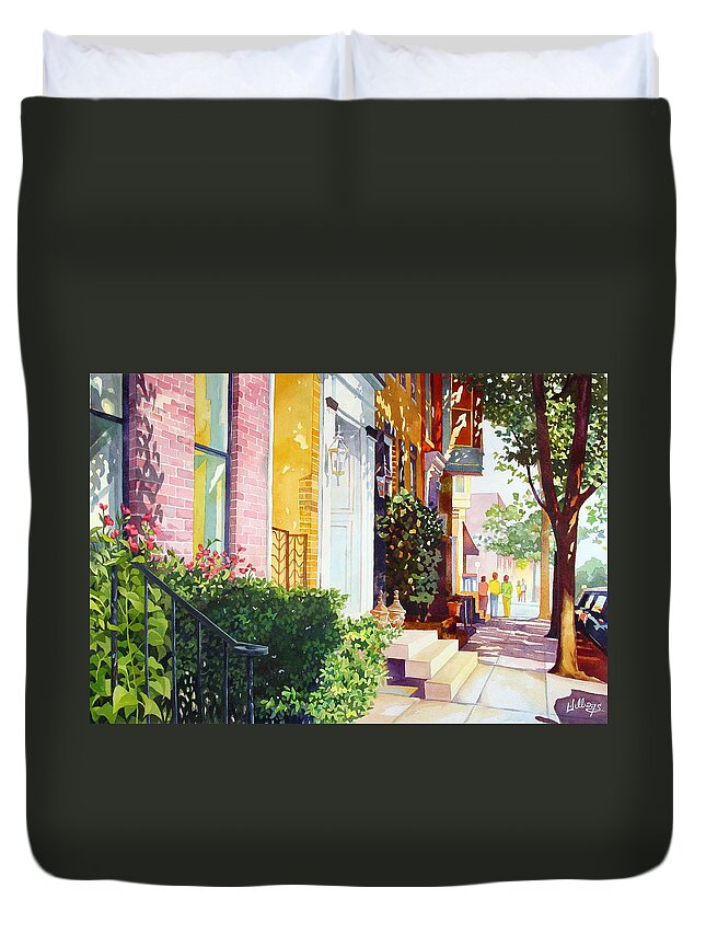Landscape Duvet Cover featuring the painting Rowhouses by Mick Williams