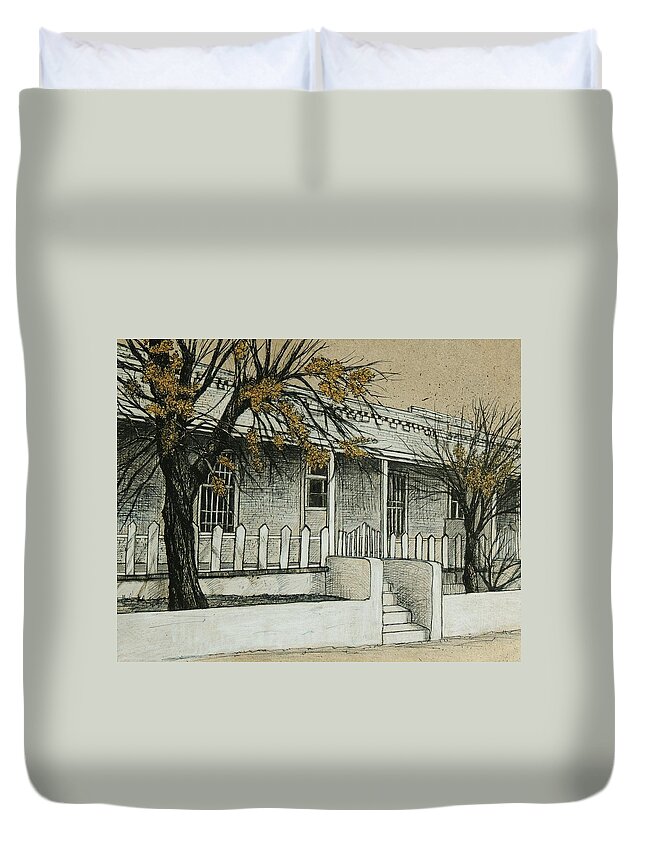 El Paso Scene Duvet Cover featuring the drawing Rowhouses on Delta by Candy Mayer