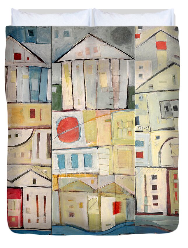Row Houses Duvet Cover featuring the painting Rowhouses Triptych by Tim Nyberg
