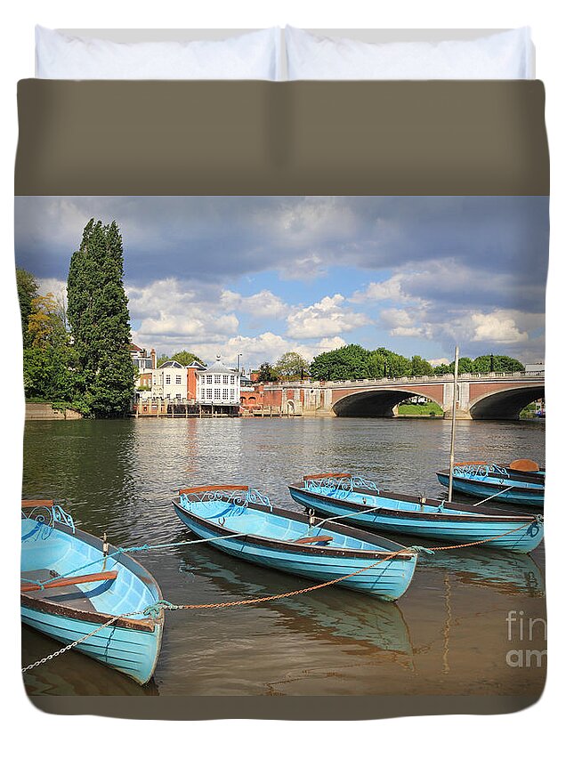 Boats At Hampton Court River Thames London Duvet Cover featuring the photograph Rowing Boats at Hampton Court by Julia Gavin