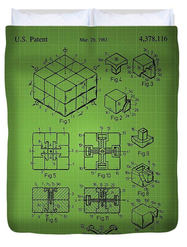 Rubik's Cube Duvet Cover featuring the photograph Rubik's cube Patent 1983 - Green by Chris Smith