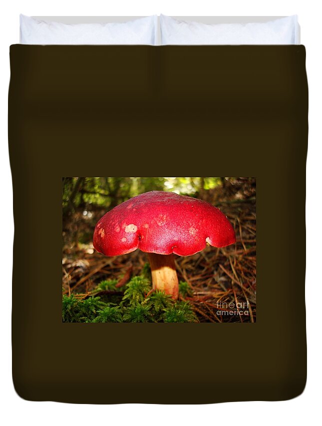 Moss Duvet Cover featuring the photograph Ruby Red Mushroom by Sharon Woerner