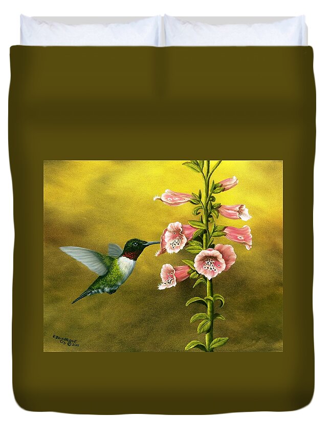Animals Duvet Cover featuring the painting Ruby Throated Hummingbird and Foxglove by Rick Bainbridge