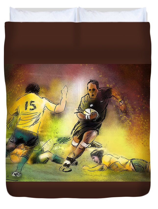 Sports Duvet Cover featuring the painting Rugby 01 by Miki De Goodaboom