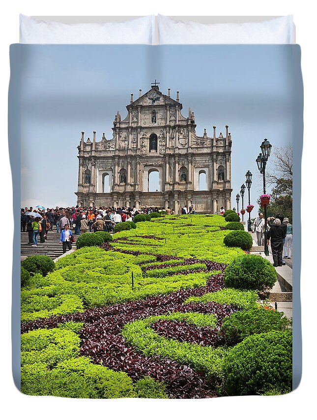 People Duvet Cover featuring the photograph Ruined Facade Of St. Pauls Jesuit by Manfred Gottschalk