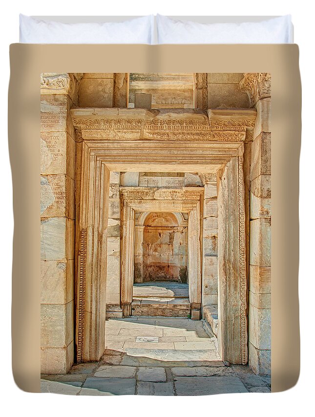 Arch Duvet Cover featuring the photograph Ruins Or Ancient Stone Corridor With by Aygulsarvarova