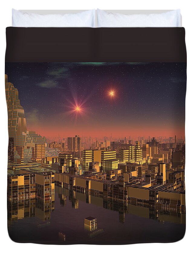 Sci Fi Duvet Cover featuring the digital art Rujjipet Sunset Alien Cityscape by Judi Suni Hall