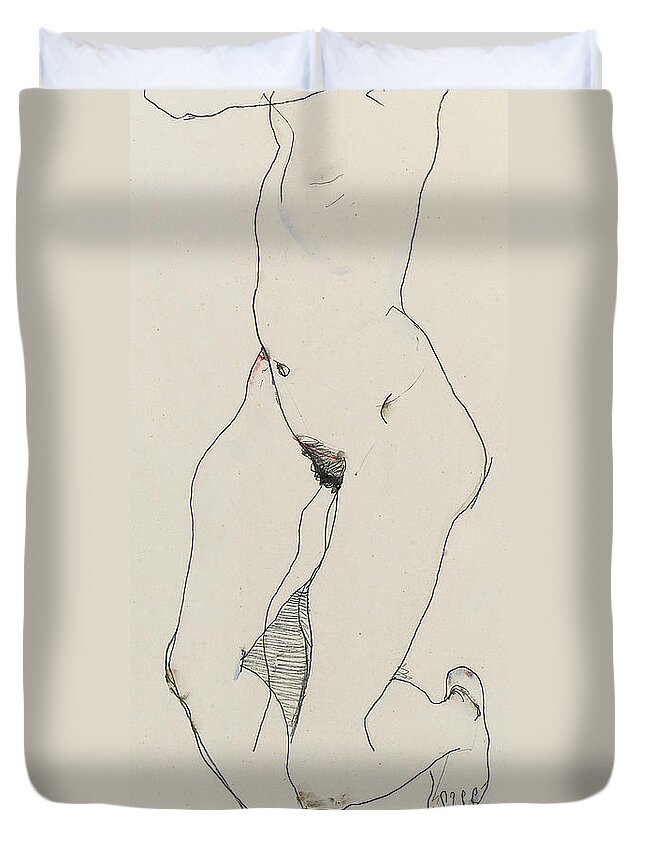 Egon Schiele Duvet Cover featuring the drawing Running woman by Egon Schiele