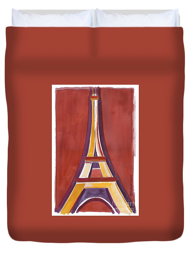 Rust Duvet Cover featuring the painting Rust Yellow Eiffel Tower by Robyn Saunders