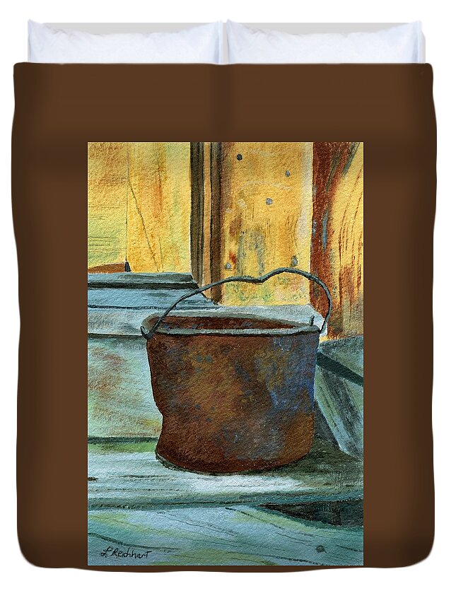 Bucket Duvet Cover featuring the painting Rusty Bucket by Lynne Reichhart