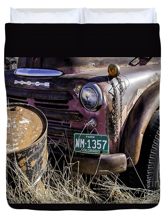 Colorado Duvet Cover featuring the photograph Rusty Truck and Barrel by Timothy Hacker