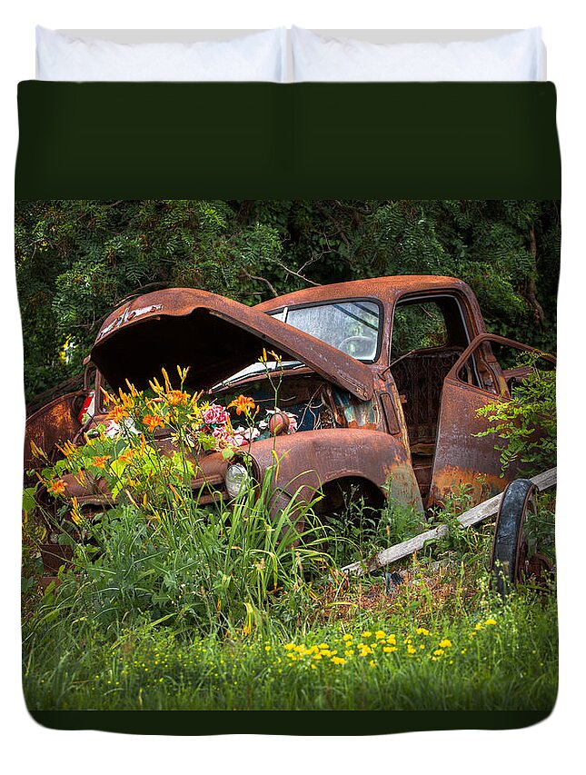 Old Truck Duvet Cover featuring the photograph Rusty Truck Flower Bed - Charming Rustic Country by Gary Heller