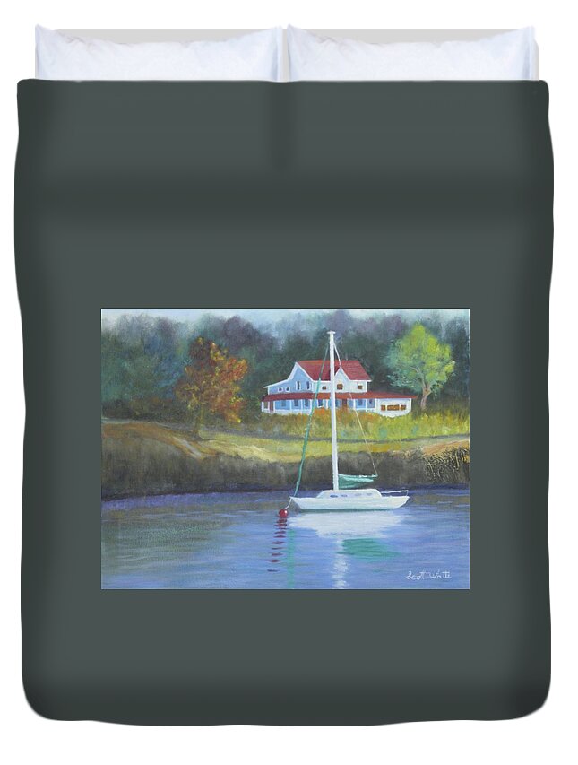 Seascape Landscape Ocean Cottage Rocky Coast Sail Boat Anchor Harbor Long Cove Fog Duvet Cover featuring the painting Safe Harbor by Scott W White