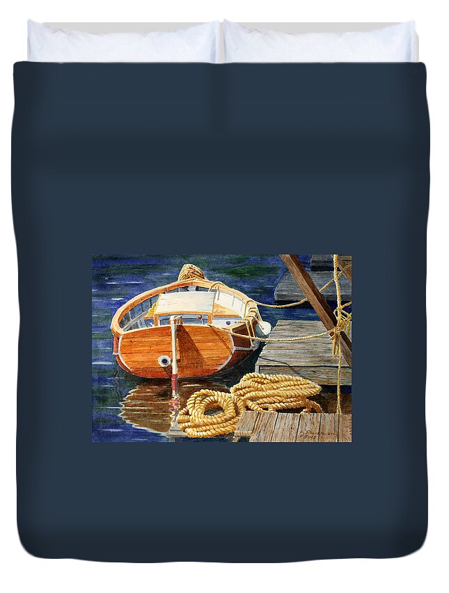 Boat Duvet Cover featuring the painting Safe Mooring by Roger Rockefeller