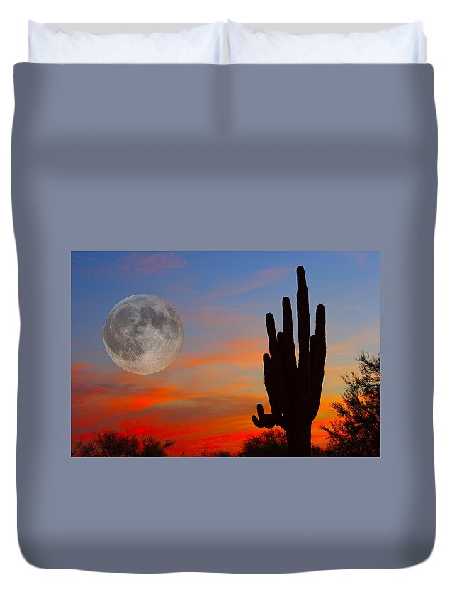 Sunrise Duvet Cover featuring the photograph Saguaro Full Moon Sunset by James BO Insogna