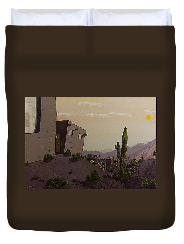 Animation Background Cartoon Landscape Desert Cactus Arizona Pueblo Duvet Cover featuring the painting Saguaro Sunset by Brenda Salamone