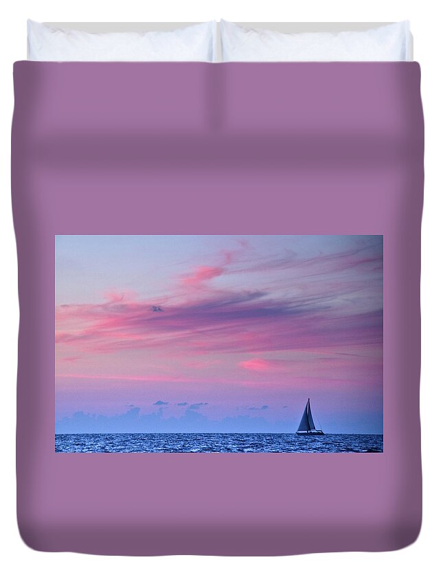 Scenics Duvet Cover featuring the photograph Sail Boat On The Sea At Dusk by Ilan Shacham