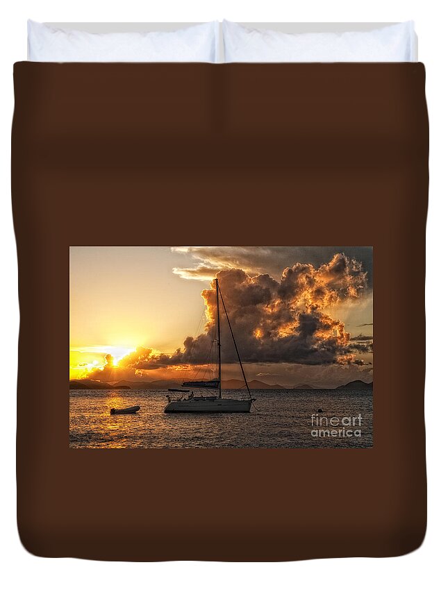 Sailboat Duvet Cover featuring the photograph Sailboat In Sunset by Timothy Hacker