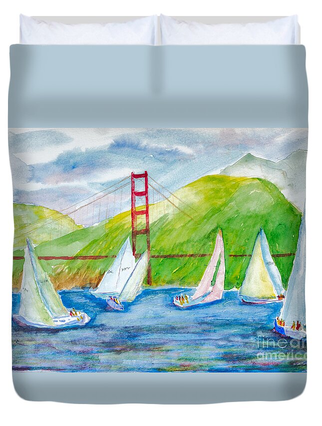 Nature Duvet Cover featuring the painting Sailboat Race at the Golden Gate by Walt Brodis