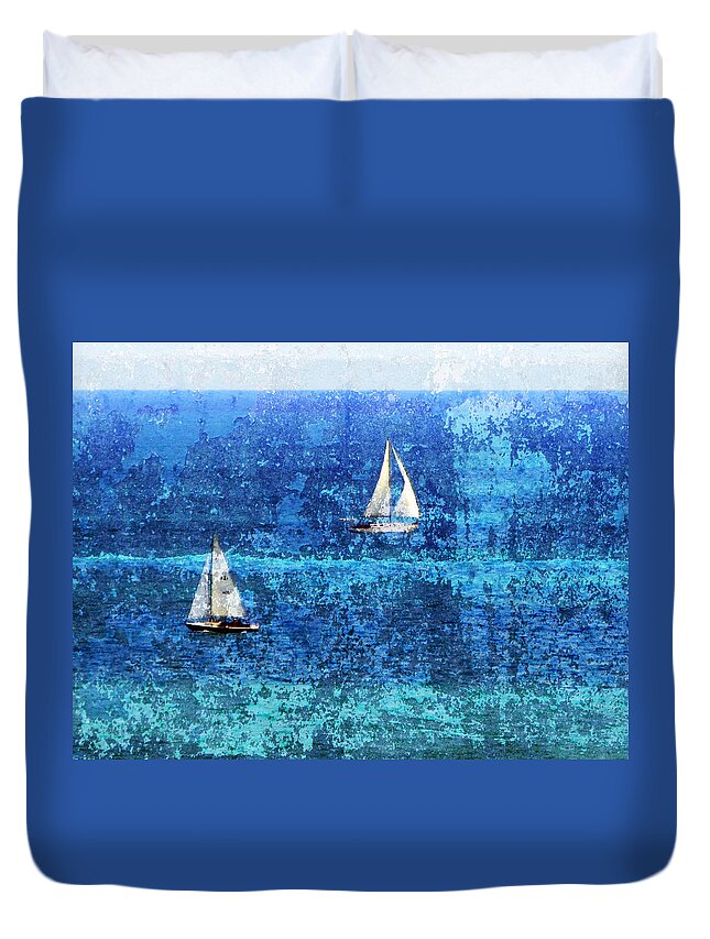 Sailboat Duvet Cover featuring the digital art Sailboats 2 w Texture by Anita Burgermeister