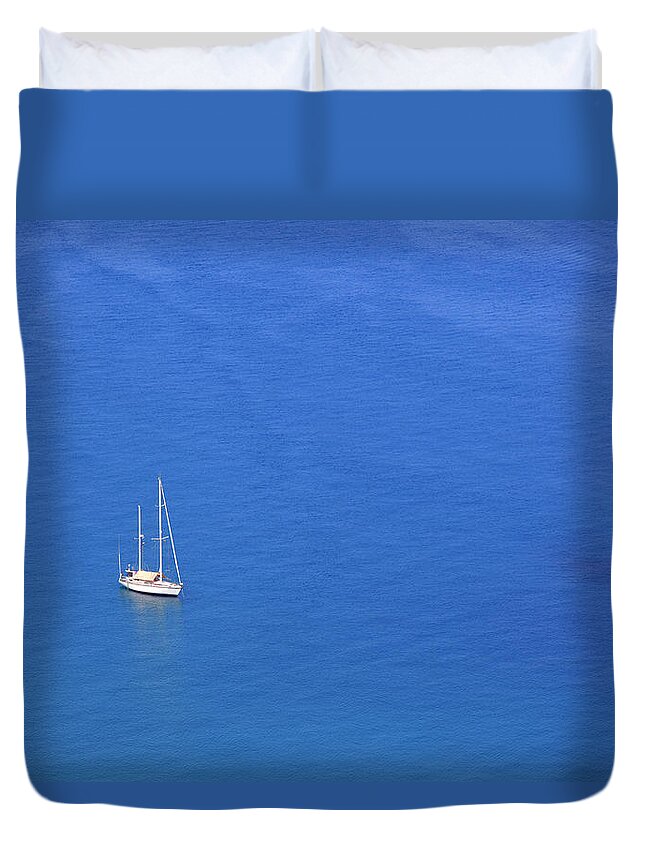 Sicily Duvet Cover featuring the photograph Sailing Boat In The Blue Sea by Massimo Pizzotti