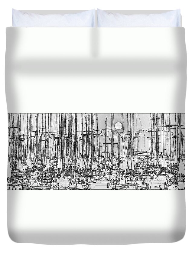 Marina Duvet Cover featuring the mixed media Sailing boats in marina with full moon by Peter V Quenter