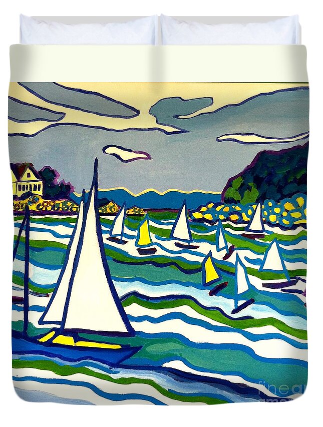 Landscape Duvet Cover featuring the painting Sailing School Manchester by-the-sea by Debra Bretton Robinson
