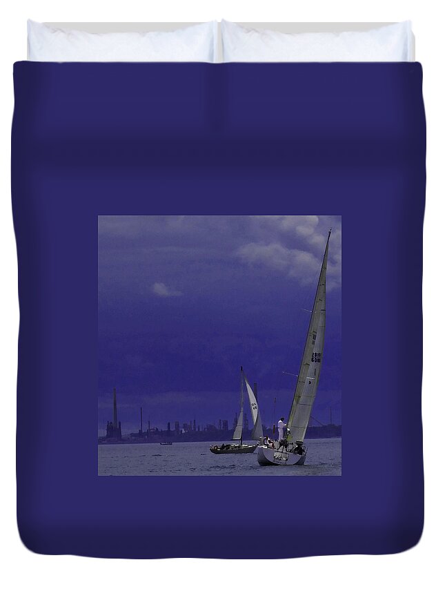 Sailboat Duvet Cover featuring the photograph Sails And Dark Sky by Ian MacDonald