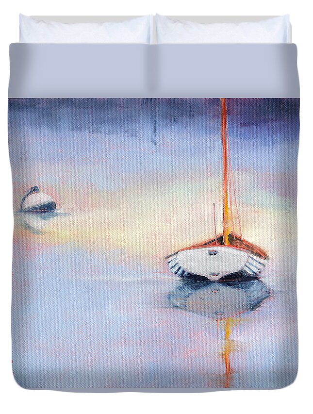 Ocean Duvet Cover featuring the painting Sails Down - Evening Stillness by Trina Teele