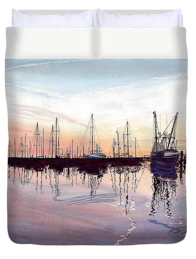 Fiery Sunset Duvet Cover featuring the painting Saint Marys Marina  shadows light and fire by Joel Deutsch