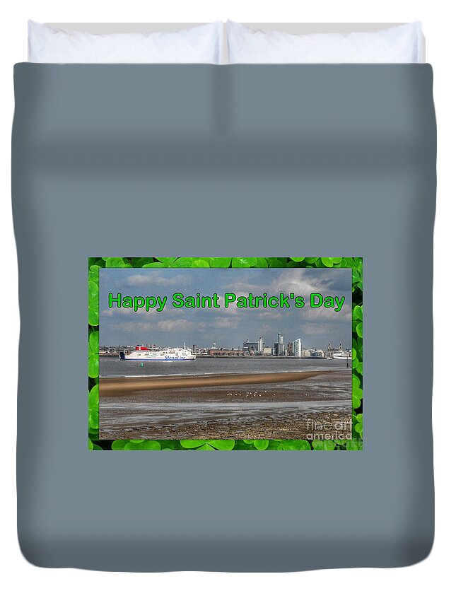 Irish Ferry Duvet Cover featuring the photograph Saint Patrick's Greeting Across The Mersey by Joan-Violet Stretch